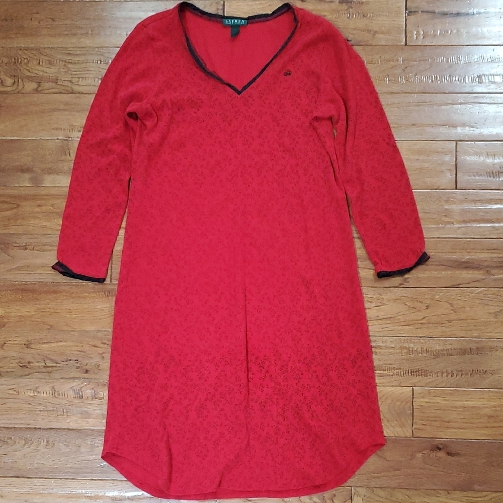 Lauren Ralph Lauren Red V-Neck Long Sleeve Waffle Pajama Dress